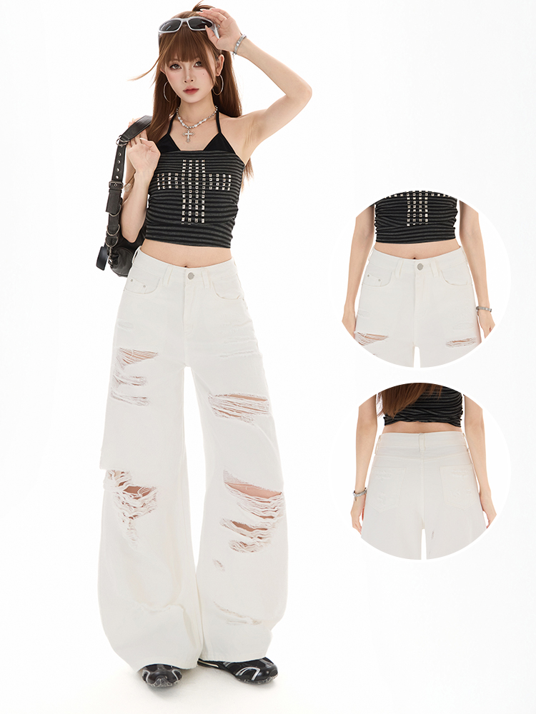 Street Fashion High End - Calça Jeans Feminina Branca de Cintura