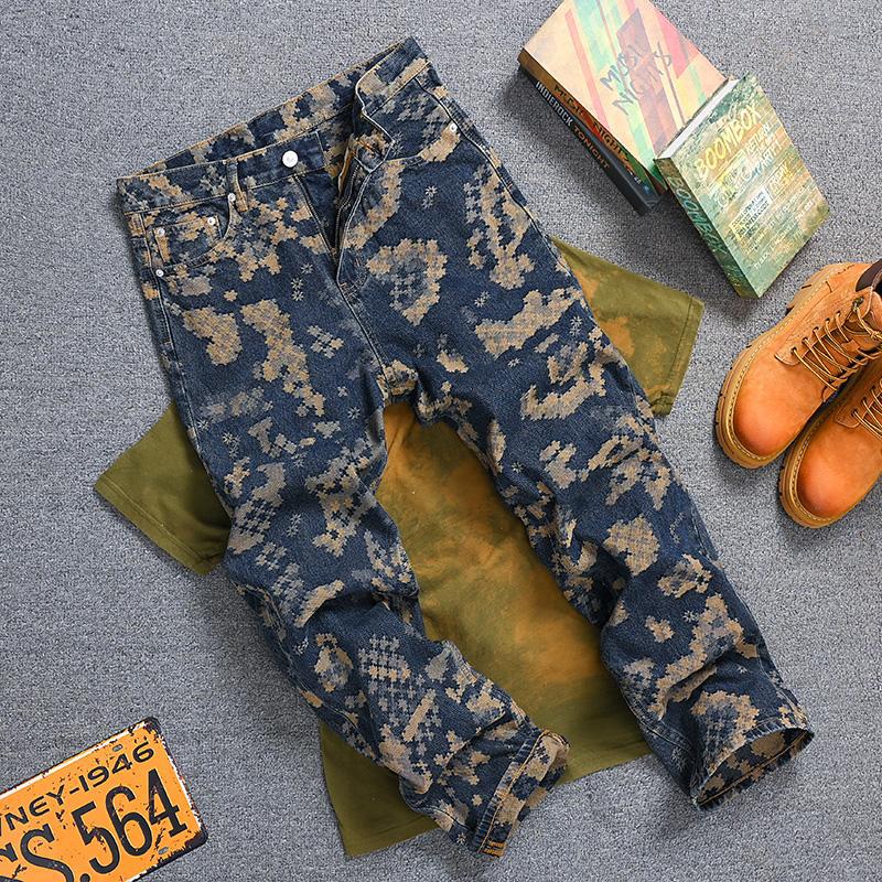 Street Fashion High End - Mosaico jacquard bordado retro jeans moda